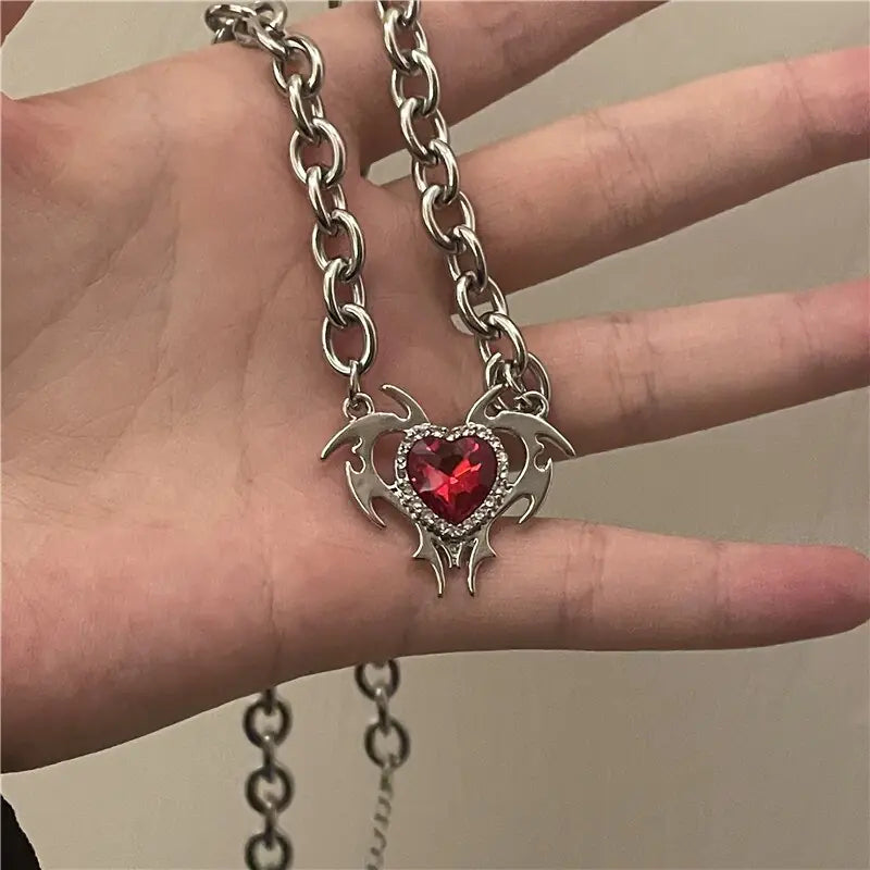 Red Crystal Pendant Necklace: Antique Silver Locket Necklace for Bold Elegance