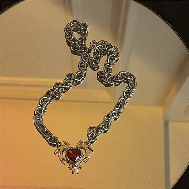 Red Crystal Pendant Necklace: Antique Silver Locket Necklace for Bold Elegance smart-purchase