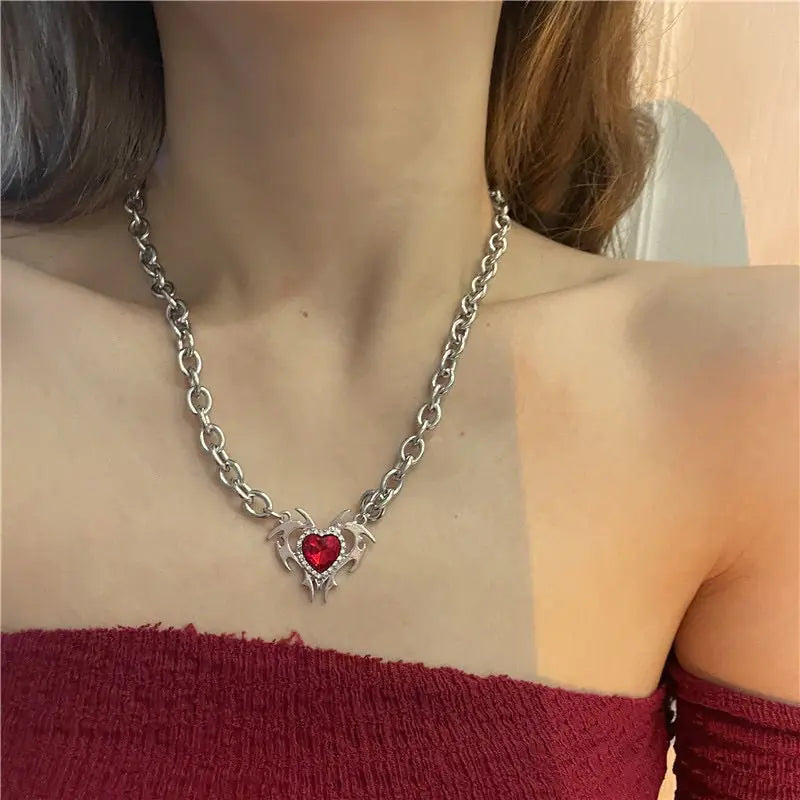 Red Crystal Pendant Necklace: Antique Silver Locket Necklace for Bold Elegance smart-purchase
