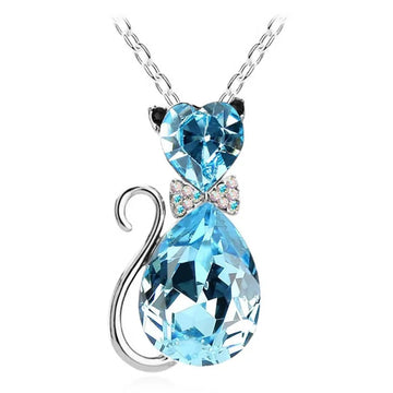 Heart Crystal Cat Pendant Necklace for Cat Lovers - Crystal Opal Pendant