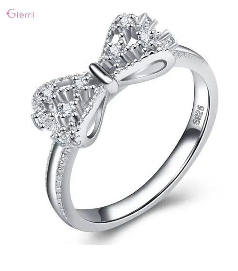 Three Stone Diamond Rings – 925 Sterling Silver Bowknot Ring with Cubic Zirconia - Timeless Elegance and Sparkle