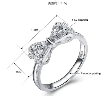 Three Stone Diamond Rings – 925 Sterling Silver Bowknot Ring with Cubic Zirconia - Timeless Elegance and Sparkle