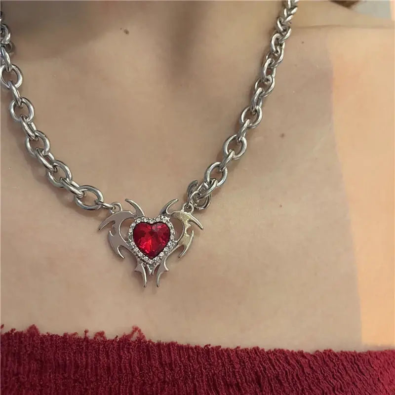 Red Crystal Pendant Necklace: Antique Silver Locket Necklace for Bold Elegance smart-purchase